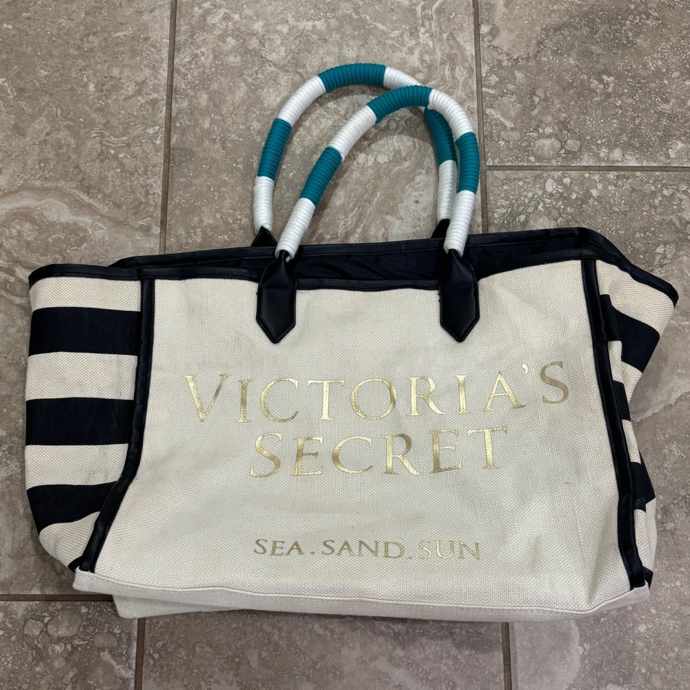 Victorias Secret Sea Sand Sun Striped Canvas Beach Tote‎ Bag Black White Teal